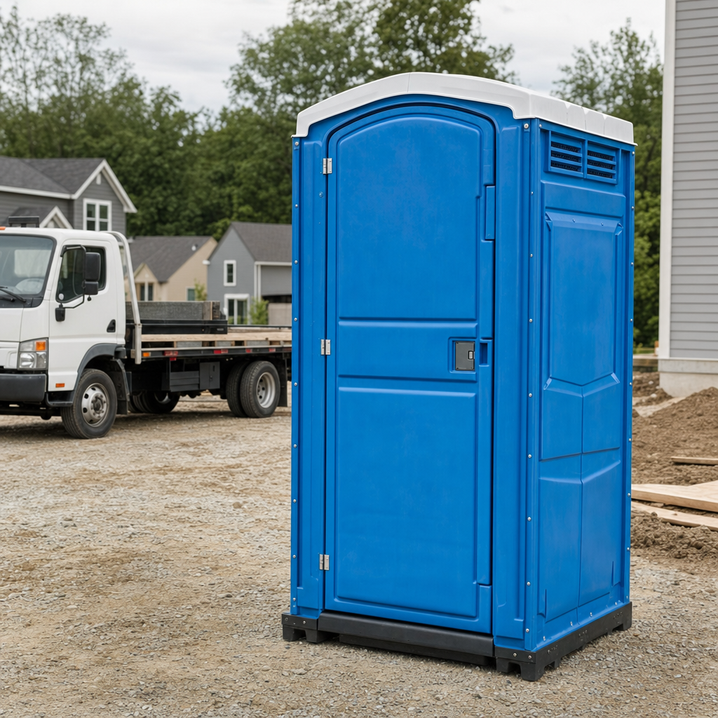 Delivery driver positioning a clean royal-blue portable toilet on level ground at a Laredo worksite