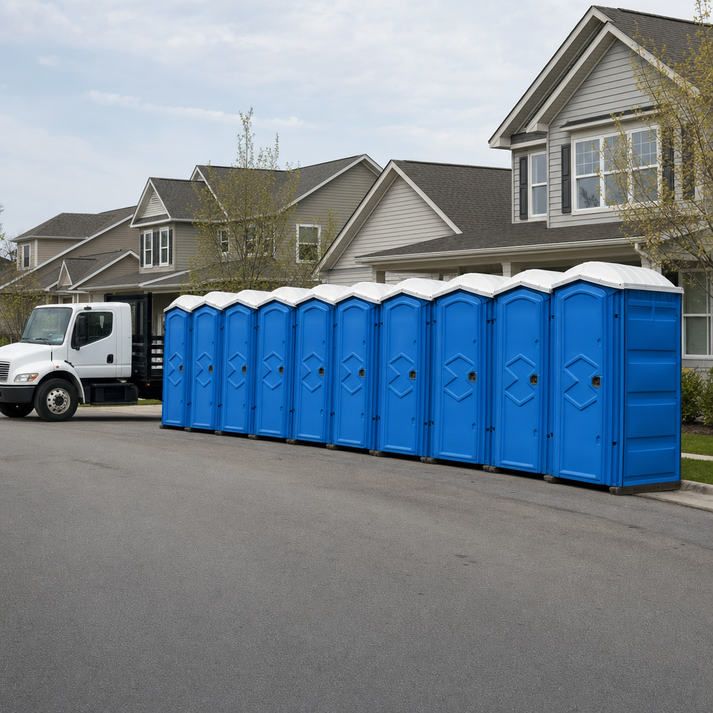 Royal blue portable toilets staged in a tidy row at a Laredo jobsite, ready for delivery